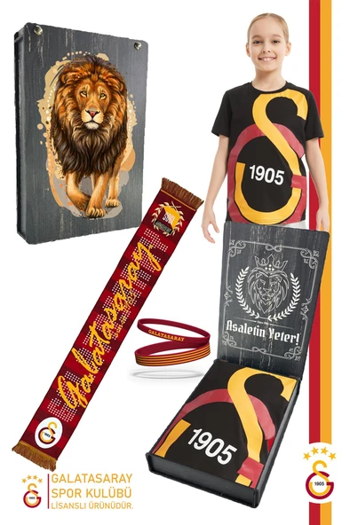 Galatasaray Orijinal Lisanslı Büyük Logo Çocuk T-Shirt + Bileklik + Atkı Set Hediyelik Ahşap Kutulu