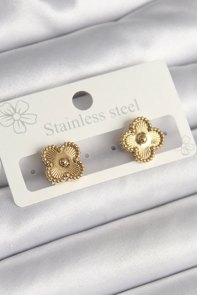 316L Çelik Gold Renk İşleme Detaylı Yonca Model Kadın Küpe - TJ-BKP10196