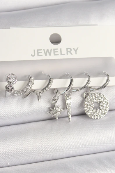 Pirinç Gümüş Renk Zirkon Taşlı Çoklu Figür Kadın Küpe Seti ürün görseli