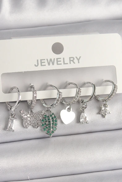 Pirinç Gümüş Renk Zirkon Taşlı Çoklu Figür Kadın Küpe Seti ürün görseli