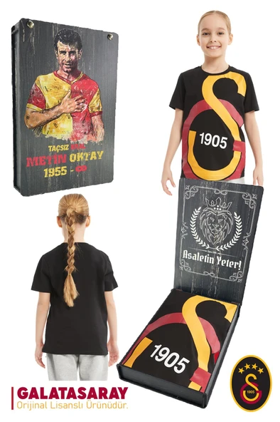 Galatasaray Orijinal Lisanslı Büyük Logo Çocuk T-shirt Metin Oktay Baskılı Hediyelik Ahşap Kutulu