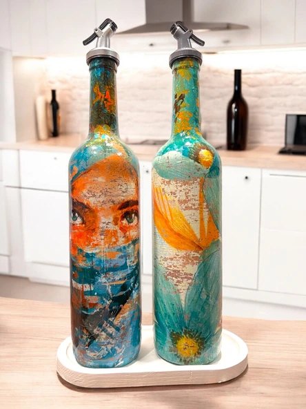 El yapımı Soyut Kadın Portresi ve Çiçek Motifli Vintage Yağdanlık Set, Mutfak Sosluk, Sirkelik - 8