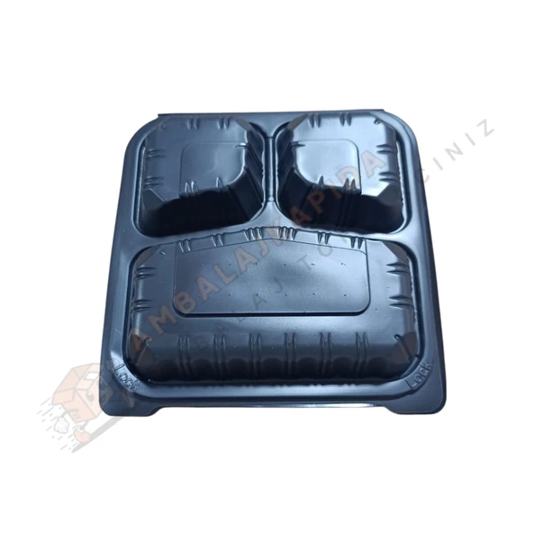 3 Gözlü Yemek Kabı Kendinden Kapaklı Siyah 200 Adet ürün görseli