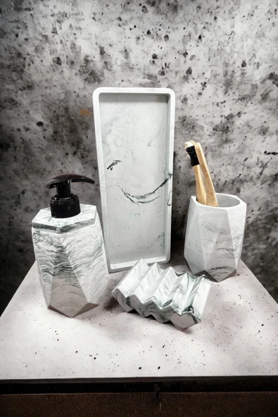 4 Parça Mermer Desenli Beton Banyo Seti Katı Sıvı Sabunluk Diş Fırçalık Tepsi ürün görseli 1