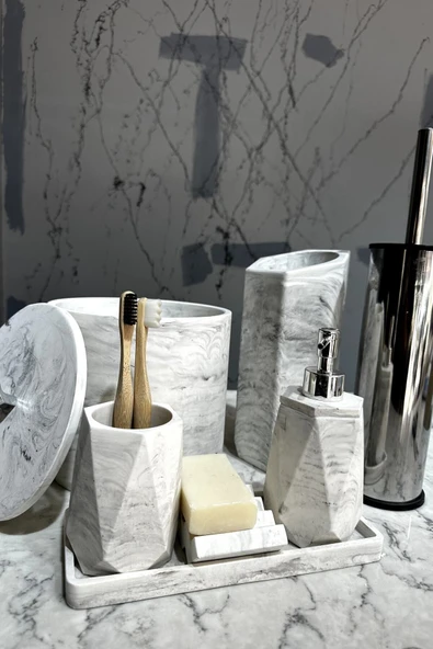 8 Parça Mermer Desenli Beton Banyo Seti Katı Sıvı Sabunluk Diş Fırçalık Çöp Kovası Tuvalet Fırçalığı - 4