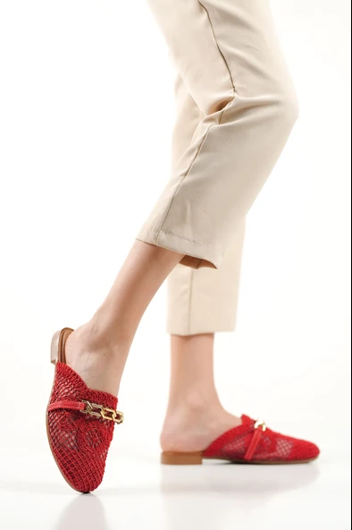 New Pattaya Kırmızı Kadın Örgü Terlik - 5