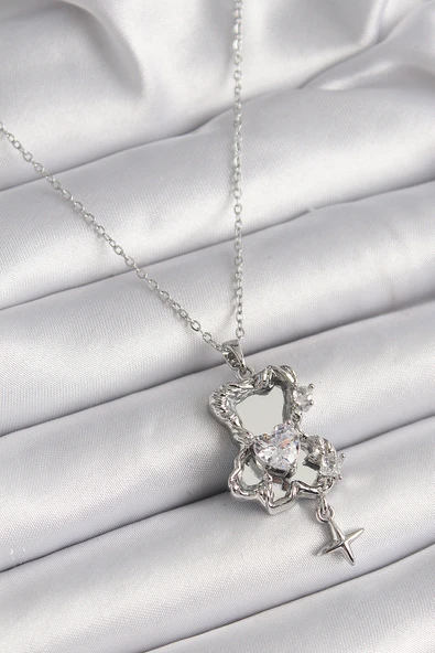 316L Çelik Gümüş Renk Ayna Ayıcık Model Zirkon Taşlı Kalp Detay Kadın Kolye ürün görseli