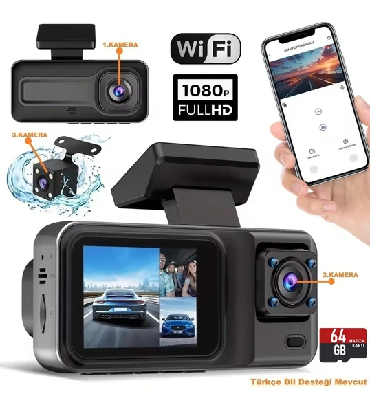 MPIA CC38 64GB Üç Kameralı (Ön+ İç+ Arka) Araç İçi Kamera WiFi Viidure App - 6