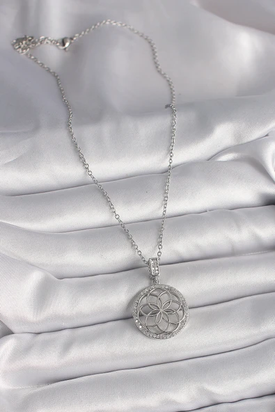 316L Çelik Gümüş Renk Zincir Zirkon Taşlı Lotus Model Kadın Kolye - Resim 2