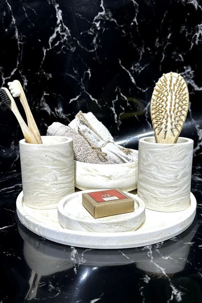 5 Parça Mermer Desenli Beton Banyo Seti Diş Fırçalık Takılık Havluluk Sunum Tepsisi