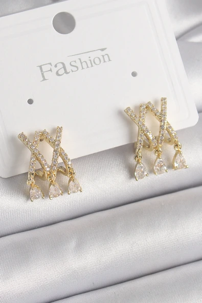 Pirinç Gold Renk Zirkon Taşlı X Model Sallantı Detay Kadın Küpe ürün görseli