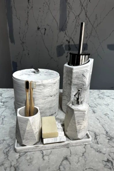 8 Parça Mermer Desenli Beton Banyo Seti Katı Sıvı Sabunluk Diş Fırçalık Çöp Kovası Tuvalet Fırçalığı - 3