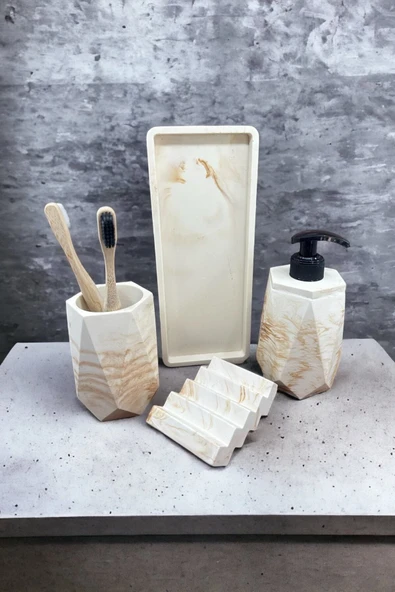 4 Parça Mermer Desenli Beton Banyo Seti Katı Sıvı Sabunluk Diş Fırçalık Tepsi - Resim 3