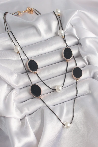 Pirinç Siyah Renk Zincir İnci Detaylı Çoklu Kadın Kolye - Resim 2