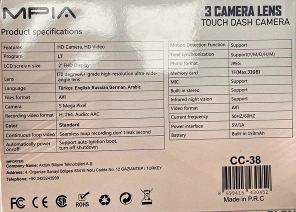 MPIA CC38 64GB Üç Kameralı (Ön+ İç+ Arka) Araç İçi Kamera WiFi Viidure App - 11