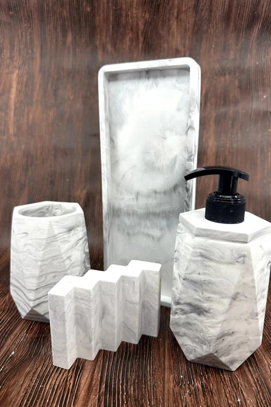 4 Parça Mermer Desenli Beton Banyo Seti Katı Sıvı Sabunluk Diş Fırçalık Tepsi - Resim 2