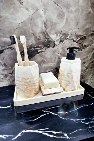 4 Parça Mermer Desenli Beton Banyo Seti Katı Sıvı Sabunluk Diş Fırçalık Tepsi ürün görseli 1