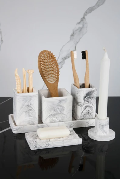 6 Parça Mermer Desenli Beton Banyo Seti Katı Sabunluk Mumluk Tepsi - 1