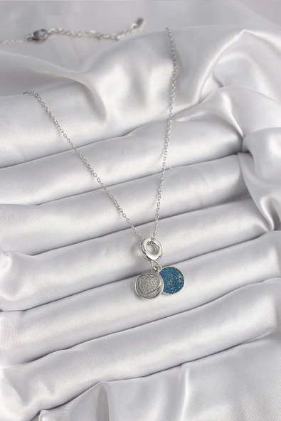 316L Çelik Gümüş Renk Zincir Zirkon Taşlı İşleme Mavi Simli Kadın Kolye - Resim 2