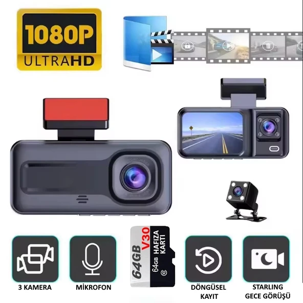 MPIA CC38 64GB Üç Kameralı (Ön+ İç+ Arka) Araç İçi Kamera WiFi Viidure App