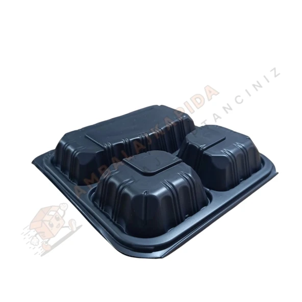 3 Gözlü Yemek Kabı Kendinden Kapaklı Siyah 200 Adet - Resim 3