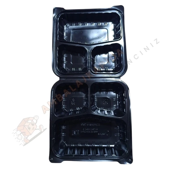 3 Gözlü Yemek Kabı Kendinden Kapaklı Siyah 200 Adet - Resim 4