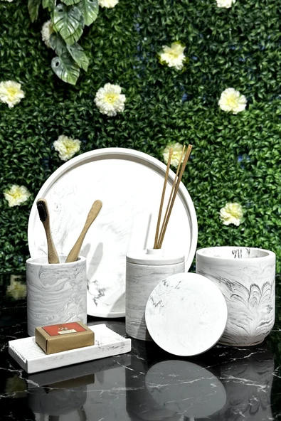 7 Parça Mermer Desenli Beton Banyo Seti Diş Fırçalığı Katı Sabunluk Pamuk Kutusu Sunum Tepsisi - Resim 2