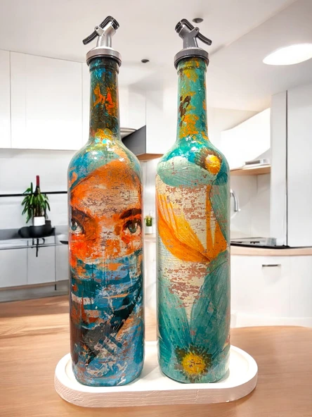 El yapımı Soyut Kadın Portresi ve Çiçek Motifli Vintage Yağdanlık Set, Mutfak Sosluk, Sirkelik ürün görseli