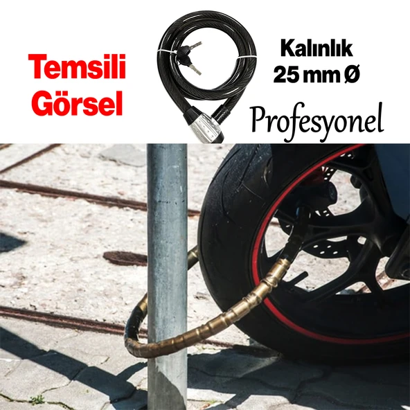 Profosyenel Motosiklet Bisiklet Halat Zinciri Hırsız Kilidi 150 cm Çelik Kilit Çap 25 mm Ø 1 Adet - 3