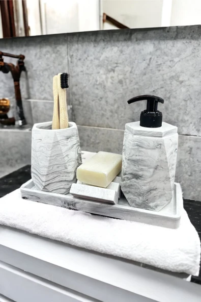 4 Parça Mermer Desenli Beton Banyo Seti Katı Sıvı Sabunluk Diş Fırçalık Tepsi ürün görseli 1