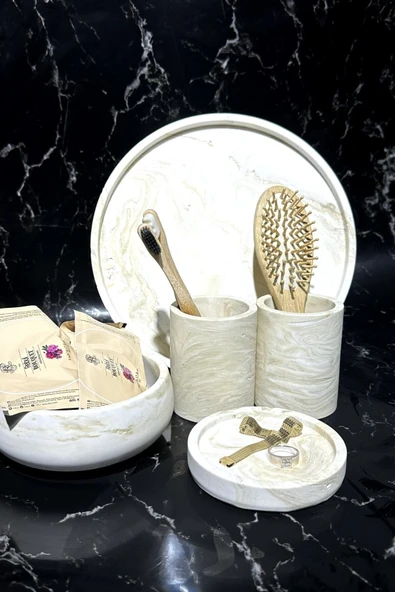 5 Parça Mermer Desenli Beton Banyo Seti Diş Fırçalık Takılık Havluluk Sunum Tepsisi - 2