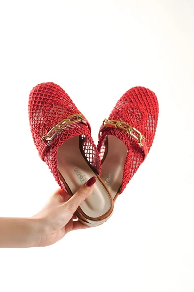 New Pattaya Kırmızı Kadın Örgü Terlik - 8