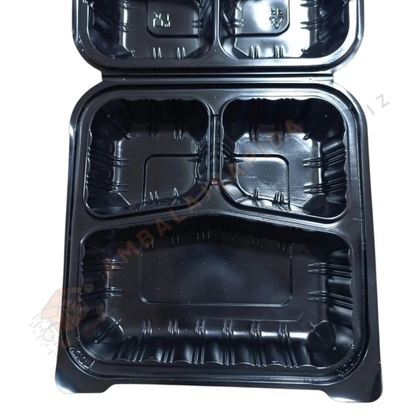 3 Gözlü Yemek Kabı Kendinden Kapaklı Siyah 200 Adet - Resim 5