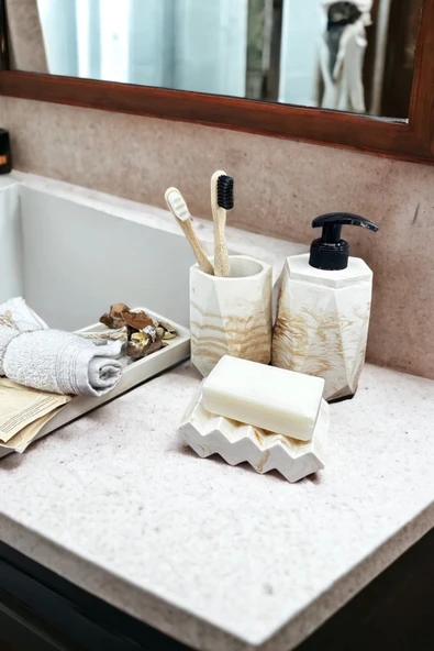 4 Parça Mermer Desenli Beton Banyo Seti Katı Sıvı Sabunluk Diş Fırçalık Tepsi - Resim 2