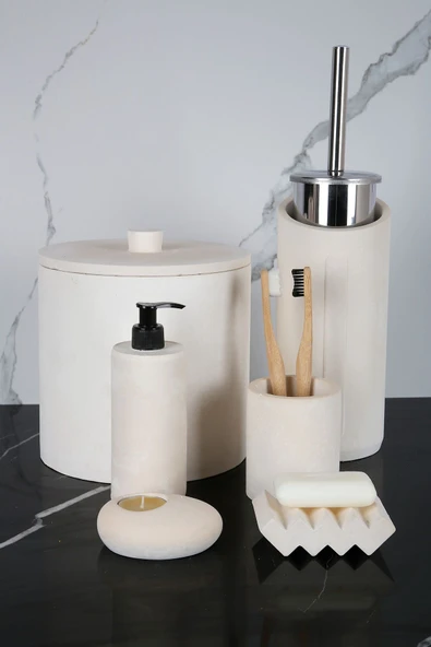 8 Parça Banyo Seti Sıvı Katı Sabunluk Diş Fırçalık Çöp Kovası Mumluk Tuvalet Fırçası ürün görseli 1
