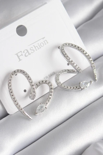 Pirinç Gümüş Renk Zirkon Taşlı Yılan Kalp Model Kadın Küpe ürün görseli