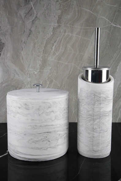 12 Parça Mermer Desenli Beton Banyo Seti Katı Sıvı Sabunluk Diş Fırçalık Çöp Kovası Tepsi Mumluk - 4