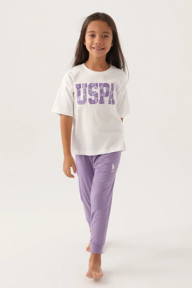 U.S. Polo Assn. U.S. Polo Assn Lisanslı Floral Text Krem Kız Çocuk Pijama Takımı - 2
