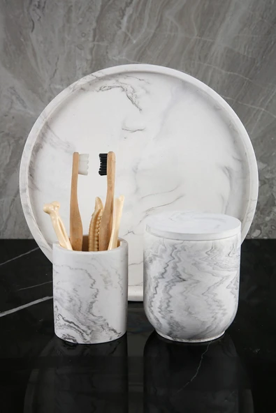 12 Parça Mermer Desenli Beton Banyo Seti Katı Sıvı Sabunluk Diş Fırçalık Çöp Kovası Tepsi Mumluk - 7
