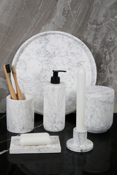 12 Parça Mermer Desenli Beton Banyo Seti Katı Sıvı Sabunluk Diş Fırçalık Çöp Kovası Tepsi Mumluk - 2