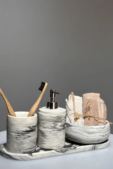 4 Parça Mermer Desenli Beton Banyo Seti Sıvı Sabunluk Diş Fırçalığı Havluluk Sunum Tepsisi ürün görseli 1