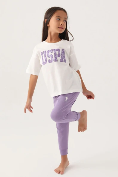 U.S. Polo Assn. U.S. Polo Assn Lisanslı Floral Text Krem Kız Çocuk Pijama Takımı - 5
