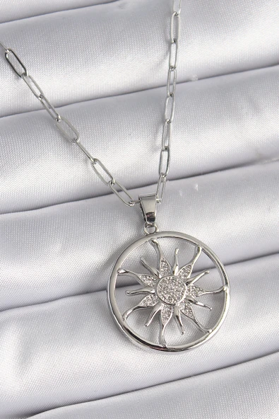 316L Çelik Gümüş Renk Zirkon Taşlı Güneş Madalyon Model Kadın Kolye ürün görseli