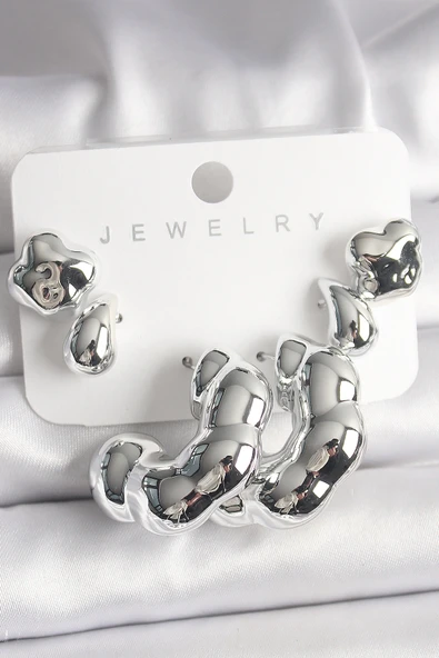 Gümüş Renk Yonca Damla Halka Model CCB Plastik Kadın Küpe Seti ürün görseli