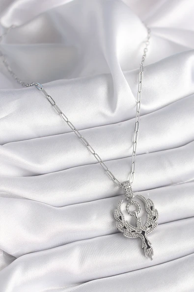 316L Çelik Gümüş Renk Zirkon Taşlı Anka Kuşu Model Kadın Kolye - Resim 2