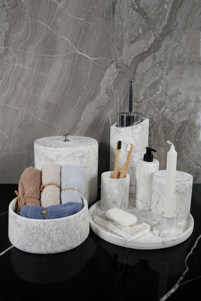 12 Parça Mermer Desenli Beton Banyo Seti Katı Sıvı Sabunluk Diş Fırçalık Çöp Kovası Tepsi Mumluk