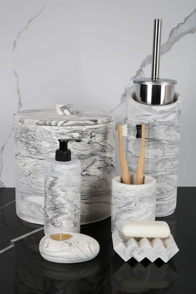 8 Parça Banyo Seti Sıvı Katı Sabunluk Diş Fırçalık Çöp Kovası Mumluk Tuvalet Fırçası ürün görseli 1