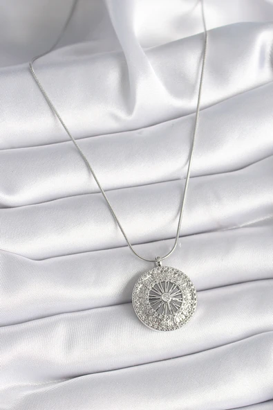 316L Çelik Gümüş Renk Zirkon Taşlı 12 Burç Madalyon Model Kadın Kolye - Resim 2