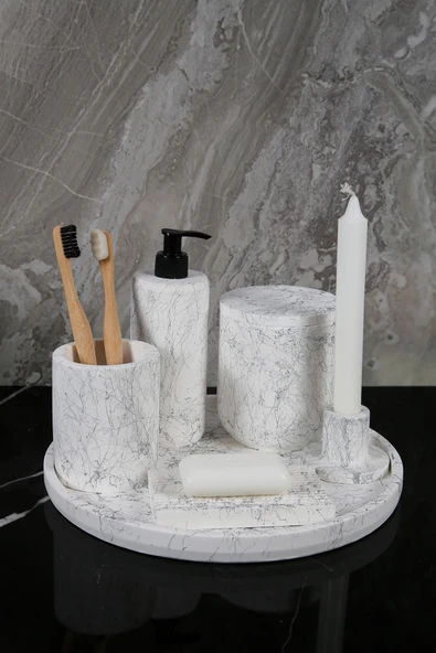 12 Parça Mermer Desenli Beton Banyo Seti Katı Sıvı Sabunluk Diş Fırçalık Çöp Kovası Tepsi Mumluk - 6