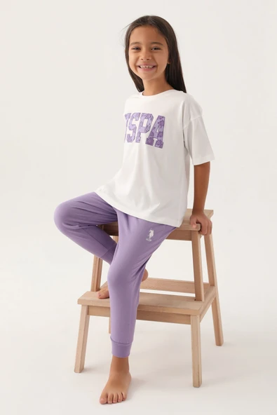 U.S. Polo Assn. U.S. Polo Assn Lisanslı Floral Text Krem Kız Çocuk Pijama Takımı - 3
